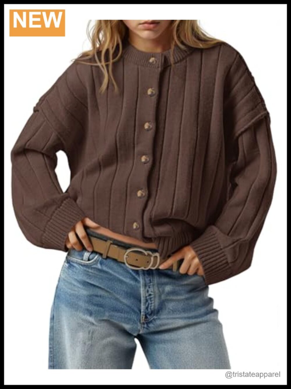 Women's Open Front Cardigan Button Down Knit Long Sleeve Crewneck Casual Loose